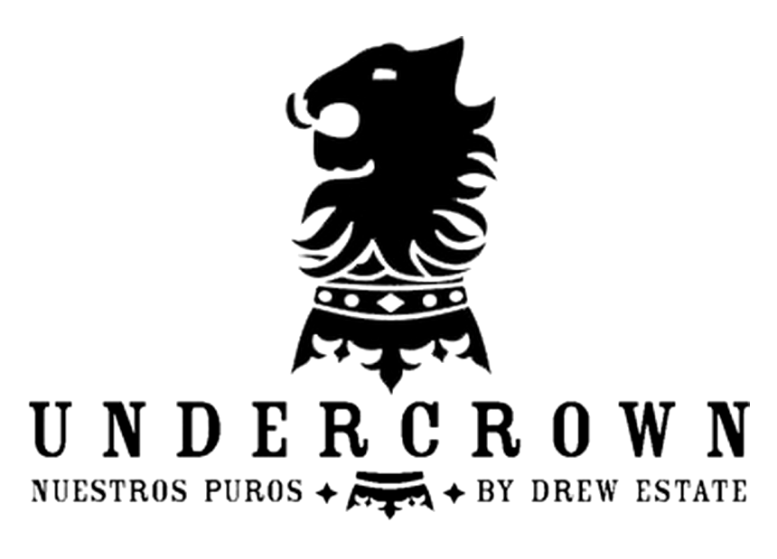 アンダークラウンの白黒ロゴ、戴冠ライオンと「UNDERCROWN」「NUESTROS PUROS BY DREW ESTATE」表記