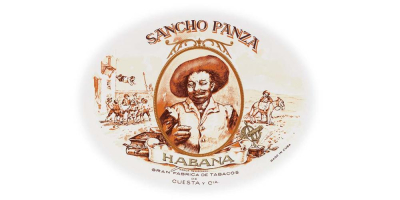 セピア調のサンチョ・パンサの楕円ラベル。中央に帽子の人物像、上部SANCHO PANZA、下部HABANAと製造所名、両脇に風景挿絵。
